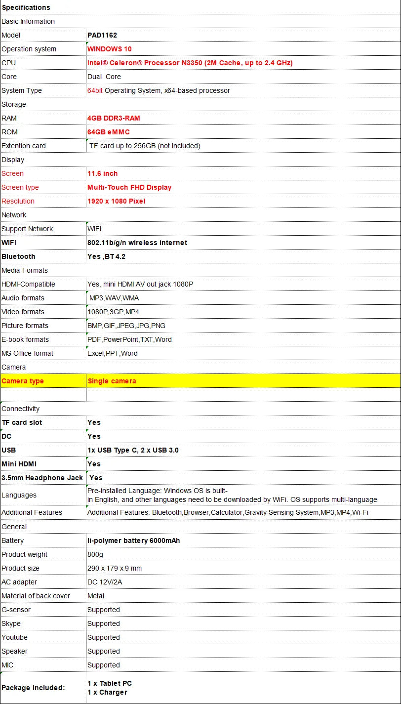 11.6 INCH 16GB RAM 512GB ROM WINDOWS 11 PAD1162 TABLET PC Intel Celeron Processor N4100 CPU 64 Bit 1920 x 1080 IPS Dual Camera