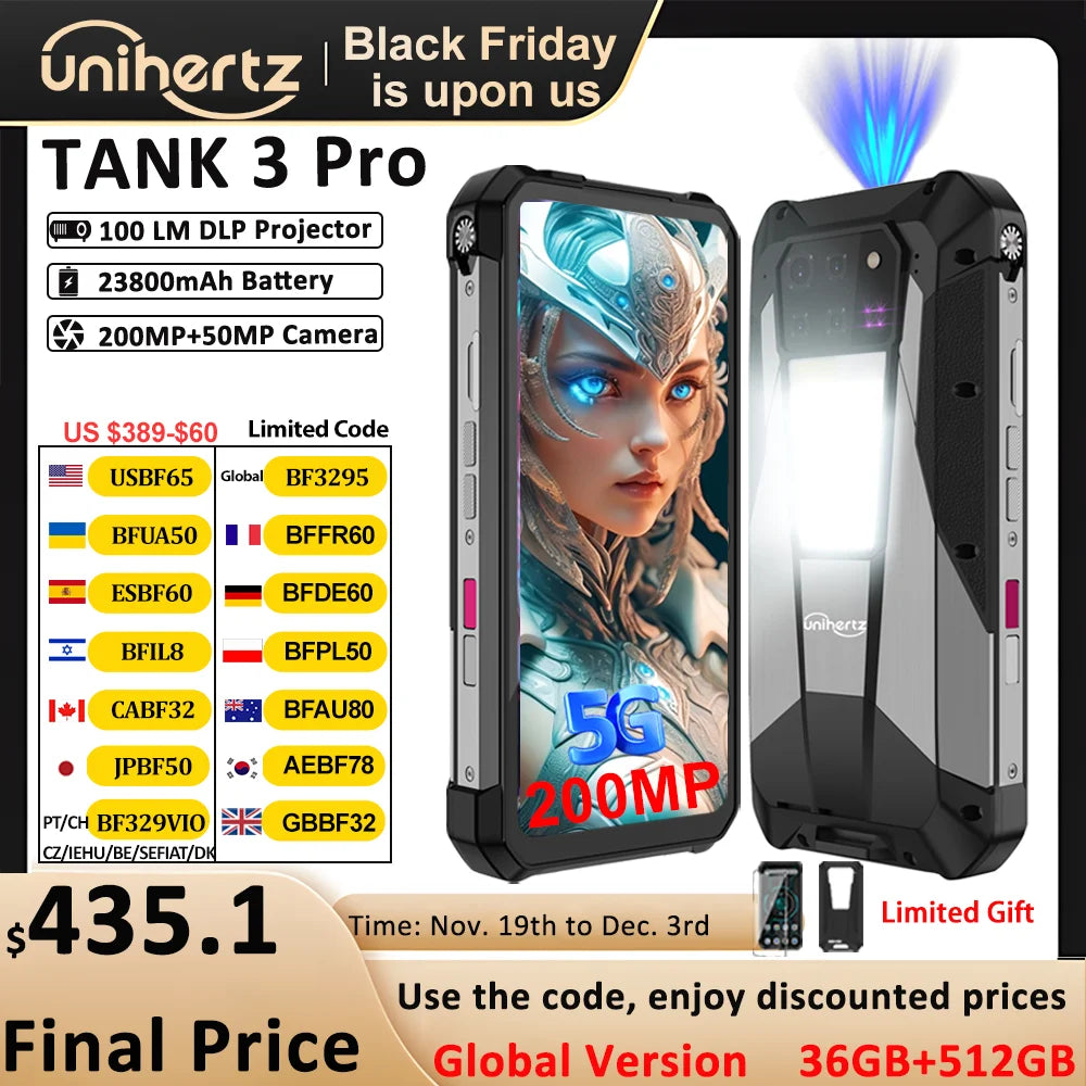 Unihertz Tank 3 Pro 8849 with 100 Lumens 120Hz Projector ,32GB/36GB RAM,512GB ROM,23800mAh 120W Fast Charger,5G,200MP Camera