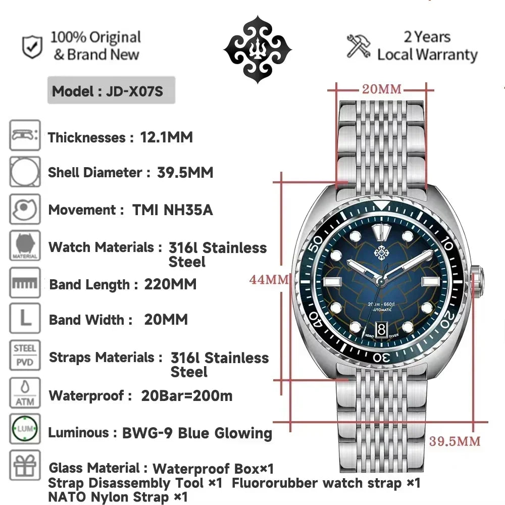 2025 New IXDAO IPOSE Automatic Mechanical Men Watch JD-X07S Dragon Scale Pattern Watch Stainless Steel BWG-9 Diving reloj hombre