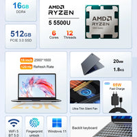 Ninkear A15 Pro Laptop AMD Ryzen 5 5500U 16 inch 120Hz 2560*1600 Display Screen 16GB 512GB Fingerprint Unlock Notebook Computer
