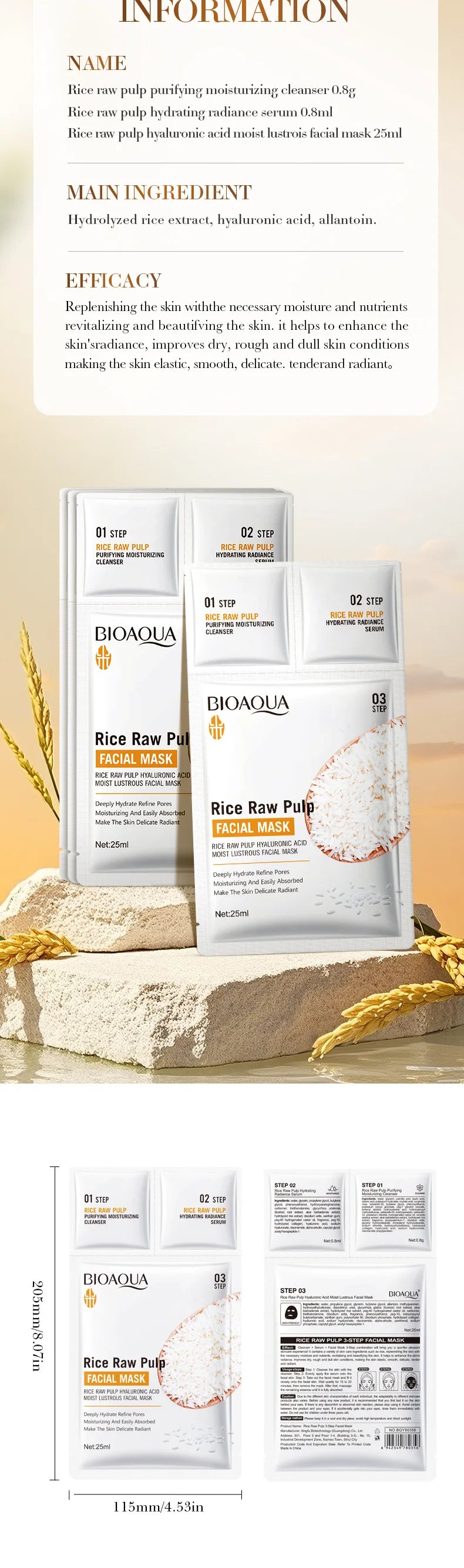 5pcs BIOAQUA White Rice Face Mask Sets Moisturizing Whitening Anti Wrinkle Facial Serum Cleanser Face Masks Skin Care Kit