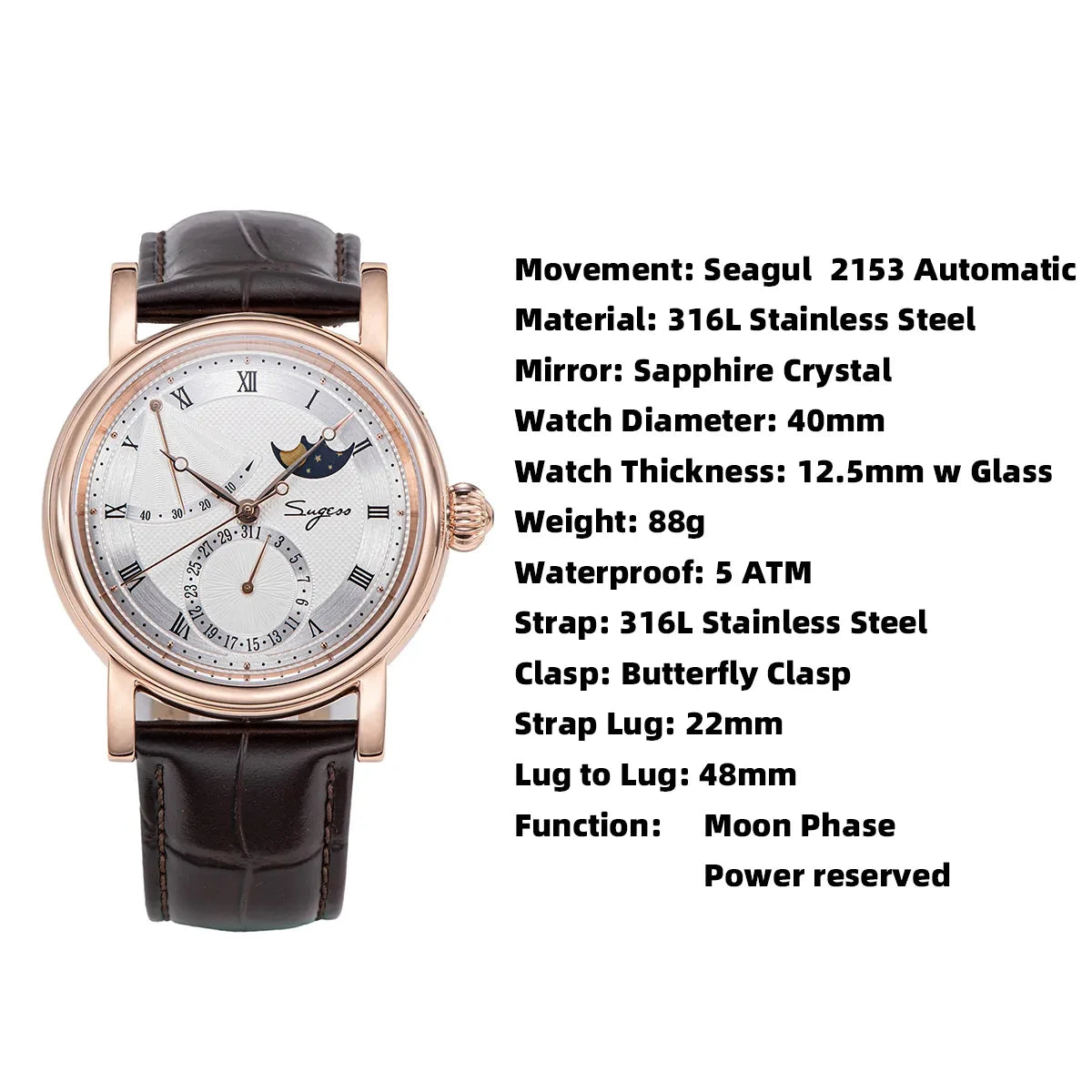Sugess Men Watch Automatic Mechanical Original 2153 Movement Moon Phase Power Reserved Water Resistant Wristwatches Sapphire New