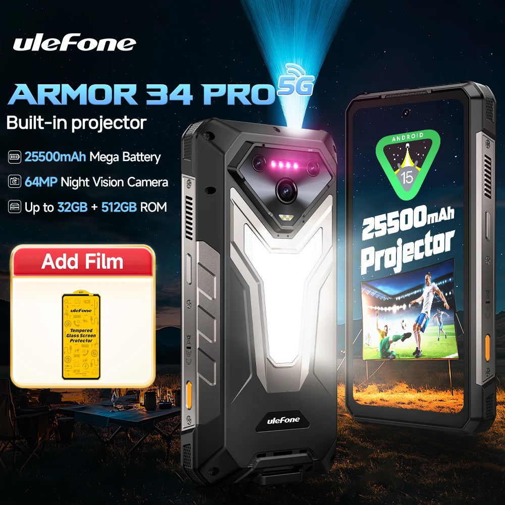 【World Premiere】Ulefone Armor 34 Pro 5G AI Rugged Phone 25500mAh Up to 32GB+512GB Built-in Projector 120Hz 6.95" NFC Smartphone