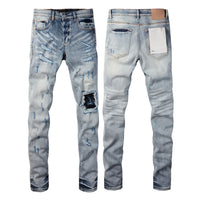 2025 Jeans Man's High Street Blue Ripped Distressed Skinny Jeans Low Rise Denim Trousers Fashion Repair Pants 9003
