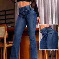 ALLUKASA 2025 autumn winter Elegant High Waist Button Front Casual Female Jeans Sexy Fashion Back Shirred Trouser Bottom - The Discount Plug