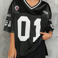 American Sports Fashion V - Neck T-Shirt Street Y2K Hip - Hop Jersey Women's Loose Breathable Quick Drying Casual Versatile Top - The Discount Plug