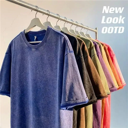 American Style Retro Heavyweight Solid Color Short Sleeved T-shirt Men Women Summer Street Trendy Washed Old Oversized Clothes - The Discount Plug