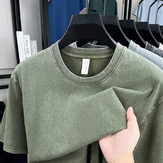 American Style Retro Heavyweight Solid Color Short Sleeved T-shirt Men Women Summer Street Trendy Washed Old Oversized Clothes - The Discount Plug