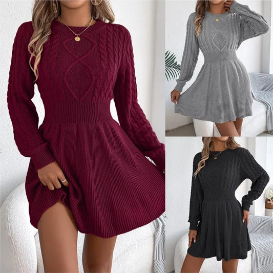Autumn And Winter 2025 Europe And America Solid Color Fried Dough Twists Waist Lantern Long Sleeve Wool Dress A - line Dress Dress - The Discount Plug
