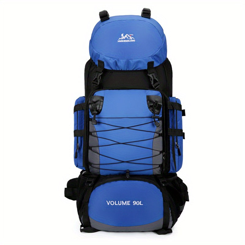90L High-Capacity Travel Backpack - Durable Polyester, Blue with Black Accents, Plaid Pattern, Adjustable Chest Strap, Multiple Pockets for Outdoor Adventures, Camping & Hiking, Backpack for Travel