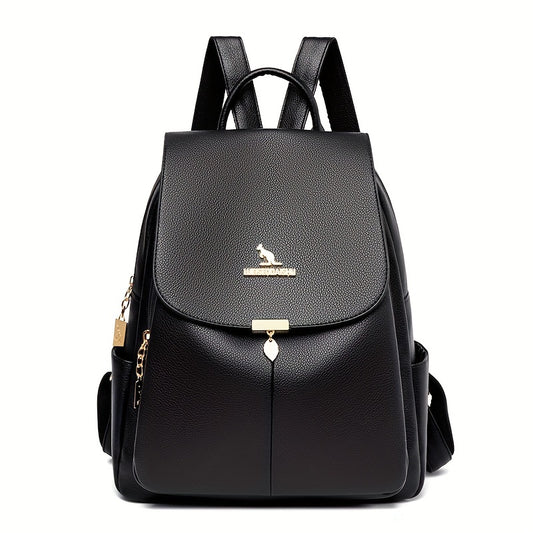 Chic & Stylish Women's Backpack: Solid Faux Leather, Secure Zipper, Metal Accents – Perfect for School and Travel