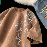 Bamboo Leaf Pattern Short Sleeve Heavy Fabric Acid Washed Men's T-shirt Men Woman Streetwear Oversized Loose Tops Summer Tees - The Discount Plug