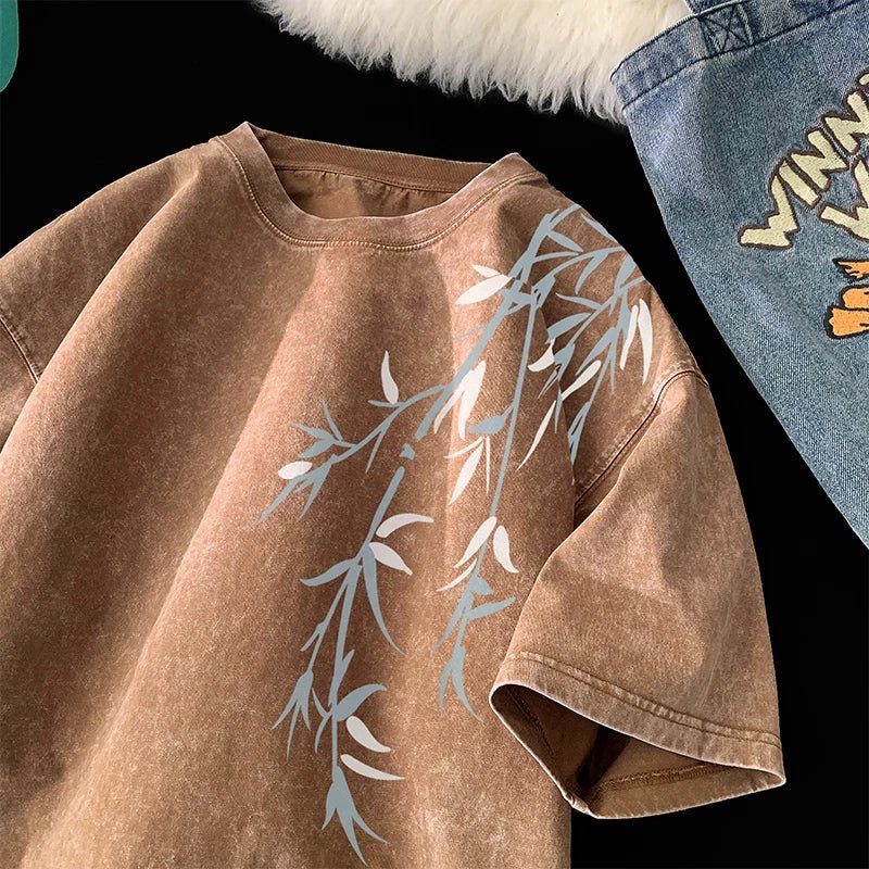 Bamboo Leaf Pattern Short Sleeve Heavy Fabric Acid Washed Men's T-shirt Men Woman Streetwear Oversized Loose Tops Summer Tees - The Discount Plug
