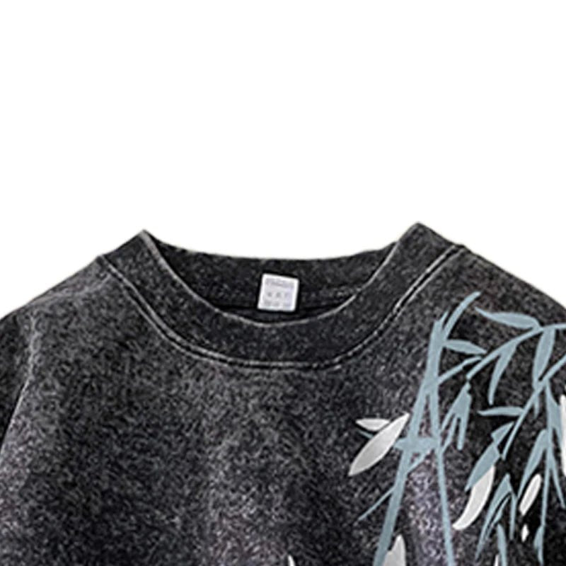 Bamboo Leaf Pattern Short Sleeve Heavy Fabric Acid Washed Men's T-shirt Men Woman Streetwear Oversized Loose Tops Summer Tees - The Discount Plug