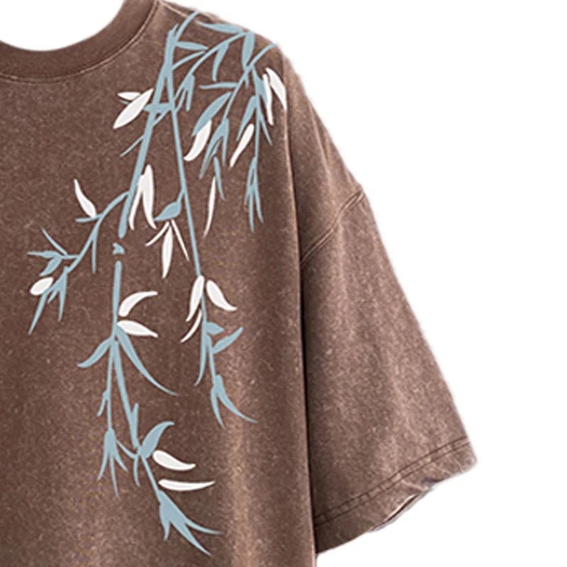 Bamboo Leaf Pattern Short Sleeve Heavy Fabric Acid Washed Men's T-shirt Men Woman Streetwear Oversized Loose Tops Summer Tees - The Discount Plug