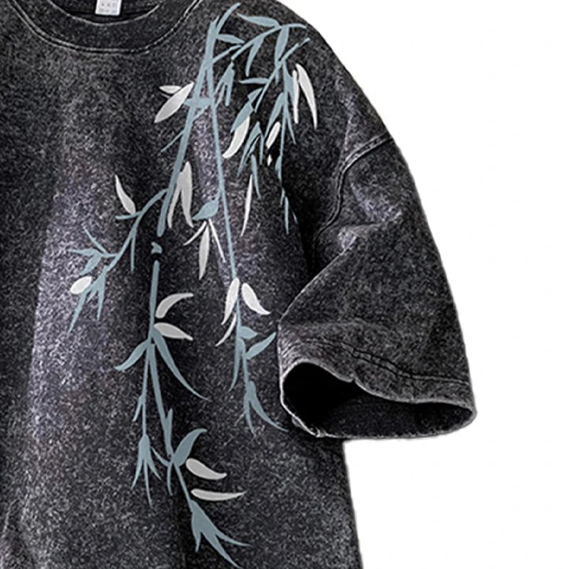 Bamboo Leaf Pattern Short Sleeve Heavy Fabric Acid Washed Men's T-shirt Men Woman Streetwear Oversized Loose Tops Summer Tees - The Discount Plug