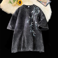 Bamboo Leaf Pattern Short Sleeve Heavy Fabric Acid Washed Men's T-shirt Men Woman Streetwear Oversized Loose Tops Summer Tees - The Discount Plug