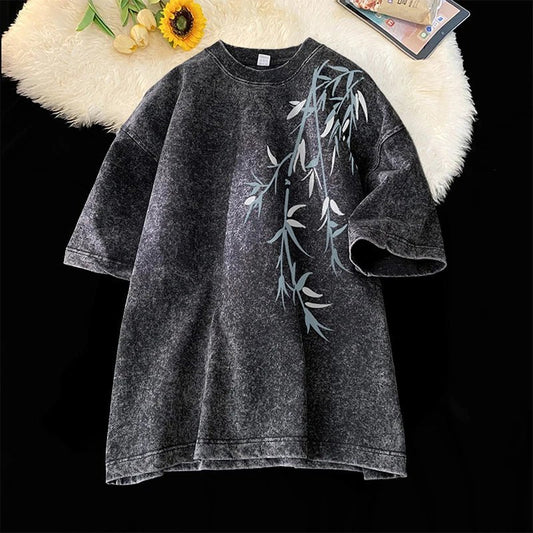 Bamboo Leaf Pattern Short Sleeve Heavy Fabric Acid Washed Men's T-shirt Men Woman Streetwear Oversized Loose Tops Summer Tees - The Discount Plug