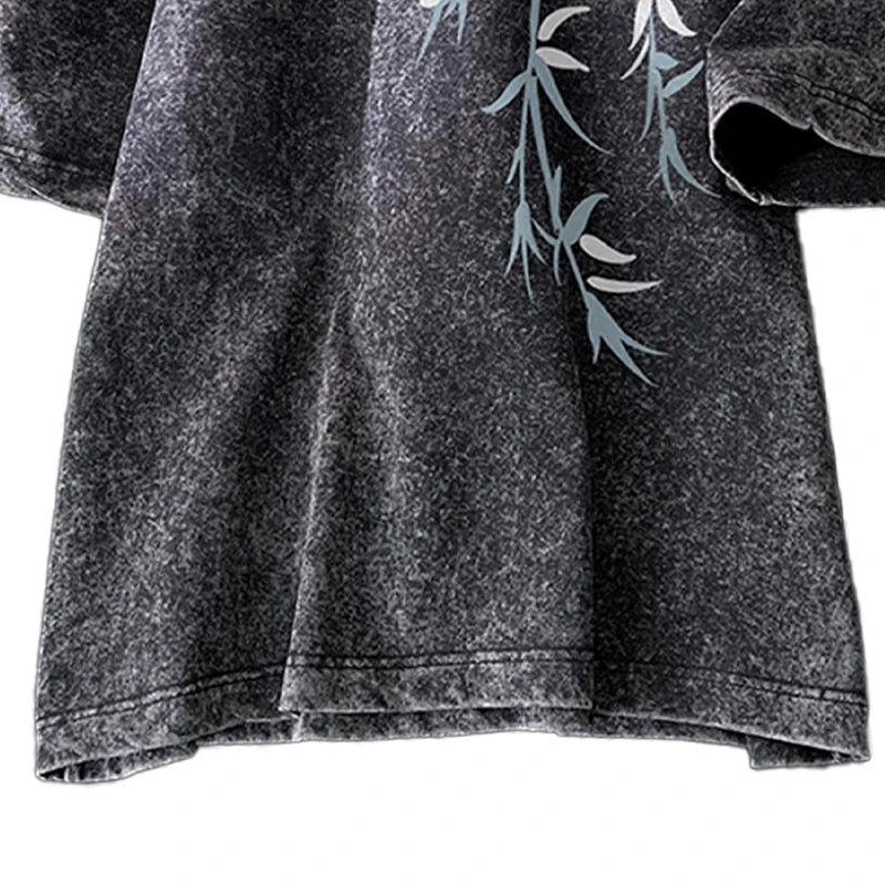 Bamboo Leaf Pattern Short Sleeve Heavy Fabric Acid Washed Men's T-shirt Men Woman Streetwear Oversized Loose Tops Summer Tees - The Discount Plug