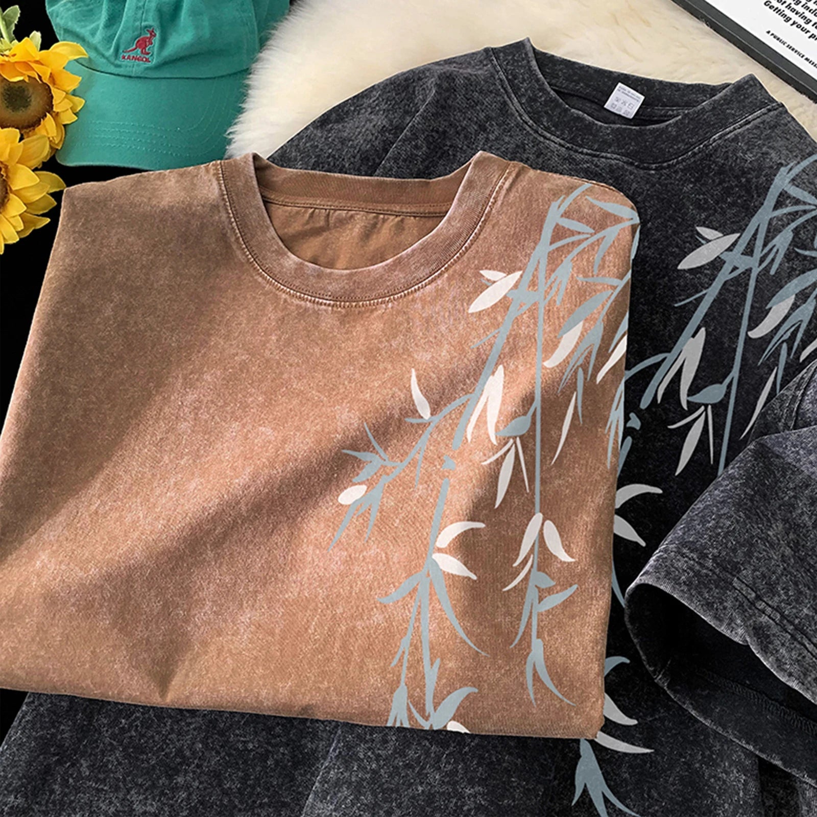 Bamboo Leaf Pattern Short Sleeve Heavy Fabric Acid Washed Men's T-shirt Men Woman Streetwear Oversized Loose Tops Summer Tees - The Discount Plug