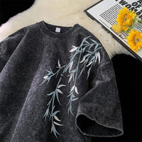 Bamboo Leaf Pattern Short Sleeve Heavy Fabric Acid Washed Men's T-shirt Men Woman Streetwear Oversized Loose Tops Summer Tees - The Discount Plug