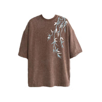 Bamboo Leaf Pattern Short Sleeve Heavy Fabric Acid Washed Men's T-shirt Men Woman Streetwear Oversized Loose Tops Summer Tees - The Discount Plug