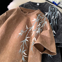 Bamboo Leaf Pattern Short Sleeve Heavy Fabric Acid Washed Men's T-shirt Men Woman Streetwear Oversized Loose Tops Summer Tees - The Discount Plug