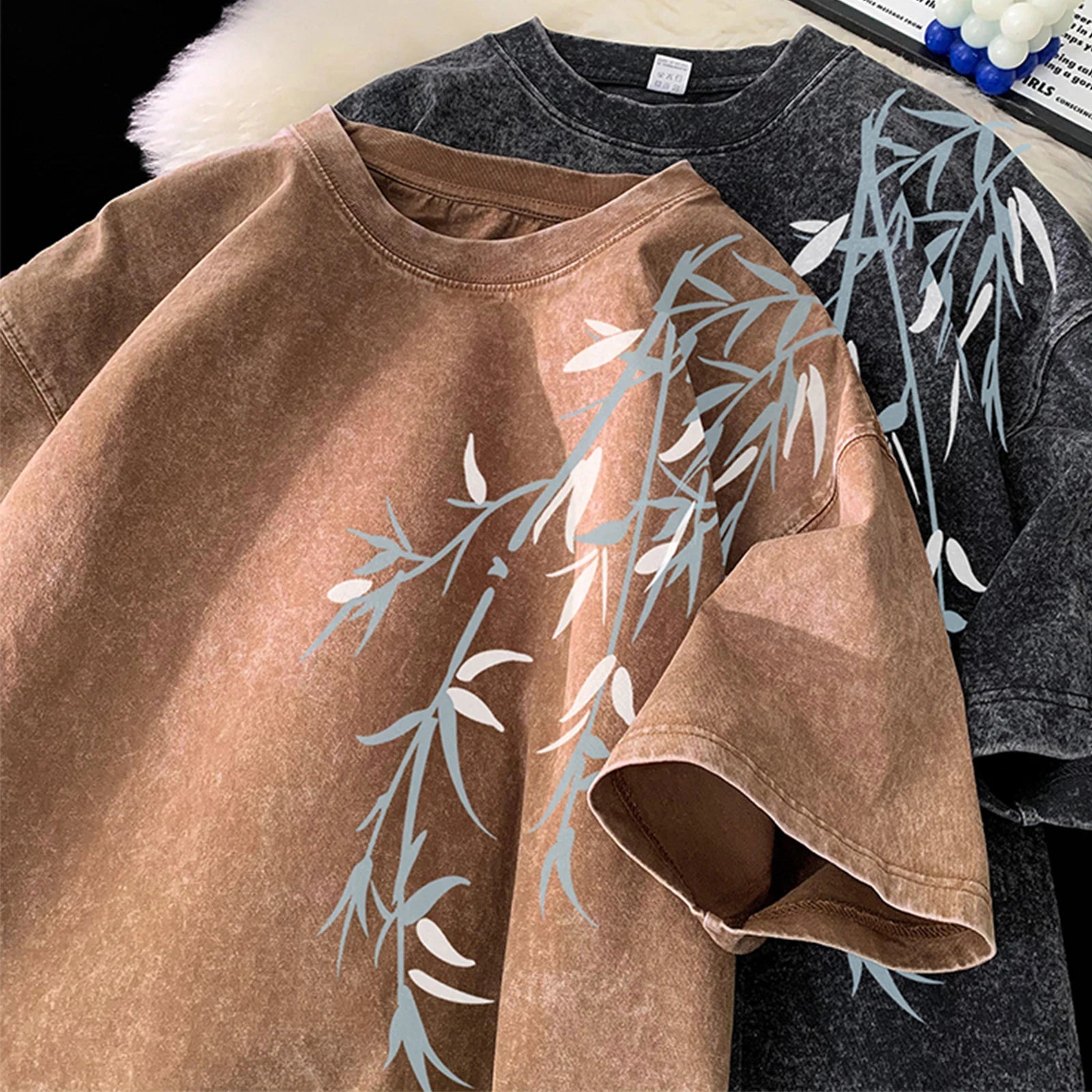 Bamboo Leaf Pattern Short Sleeve Heavy Fabric Acid Washed Men's T-shirt Men Woman Streetwear Oversized Loose Tops Summer Tees - The Discount Plug