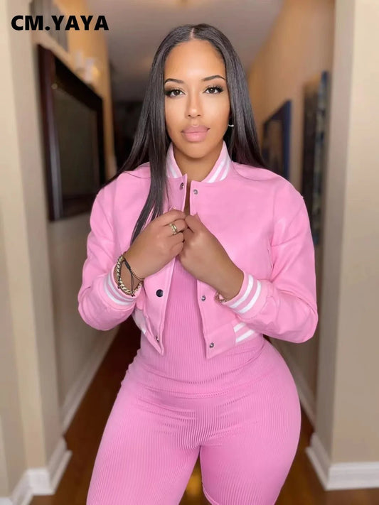 CM.YAYA Women Faux Leather Striped Side Baseball Single Breasted Jacket Winter Autumn INS Streetwear Active Outcoat - The Discount Plug