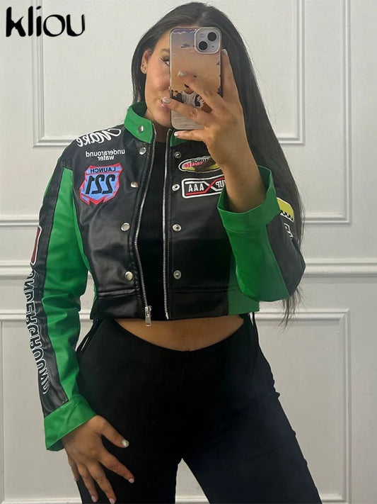 Cutenew Panelled Feather Women Coats New Letter Print Patchwork Buttons Full Sleeve Zip - up Crop Jackets Female Street Outwear - The Discount Plug