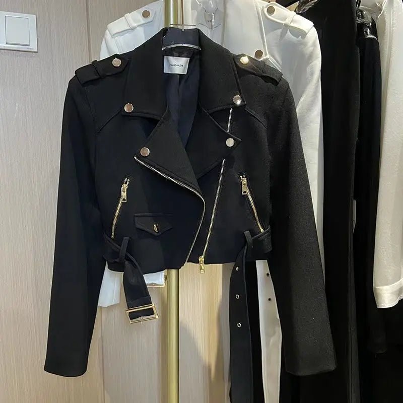 Korean version of the long - sleeved motorcycle jacket jacket women's spring and autumn new fashion temperament Joker suit collar - The Discount Plug