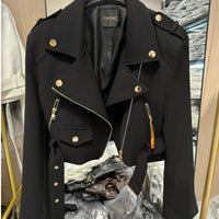 Korean version of the long - sleeved motorcycle jacket jacket women's spring and autumn new fashion temperament Joker suit collar - The Discount Plug