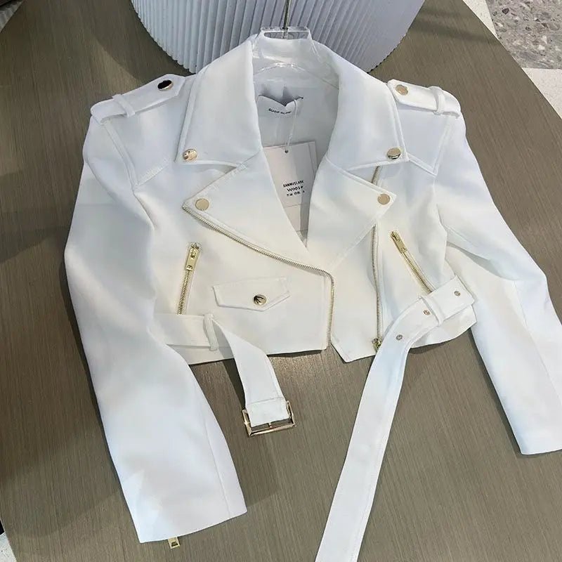 Korean version of the long - sleeved motorcycle jacket jacket women's spring and autumn new fashion temperament Joker suit collar - The Discount Plug