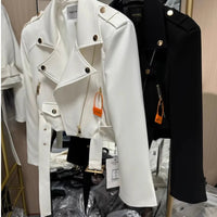 Korean version of the long - sleeved motorcycle jacket jacket women's spring and autumn new fashion temperament Joker suit collar - The Discount Plug