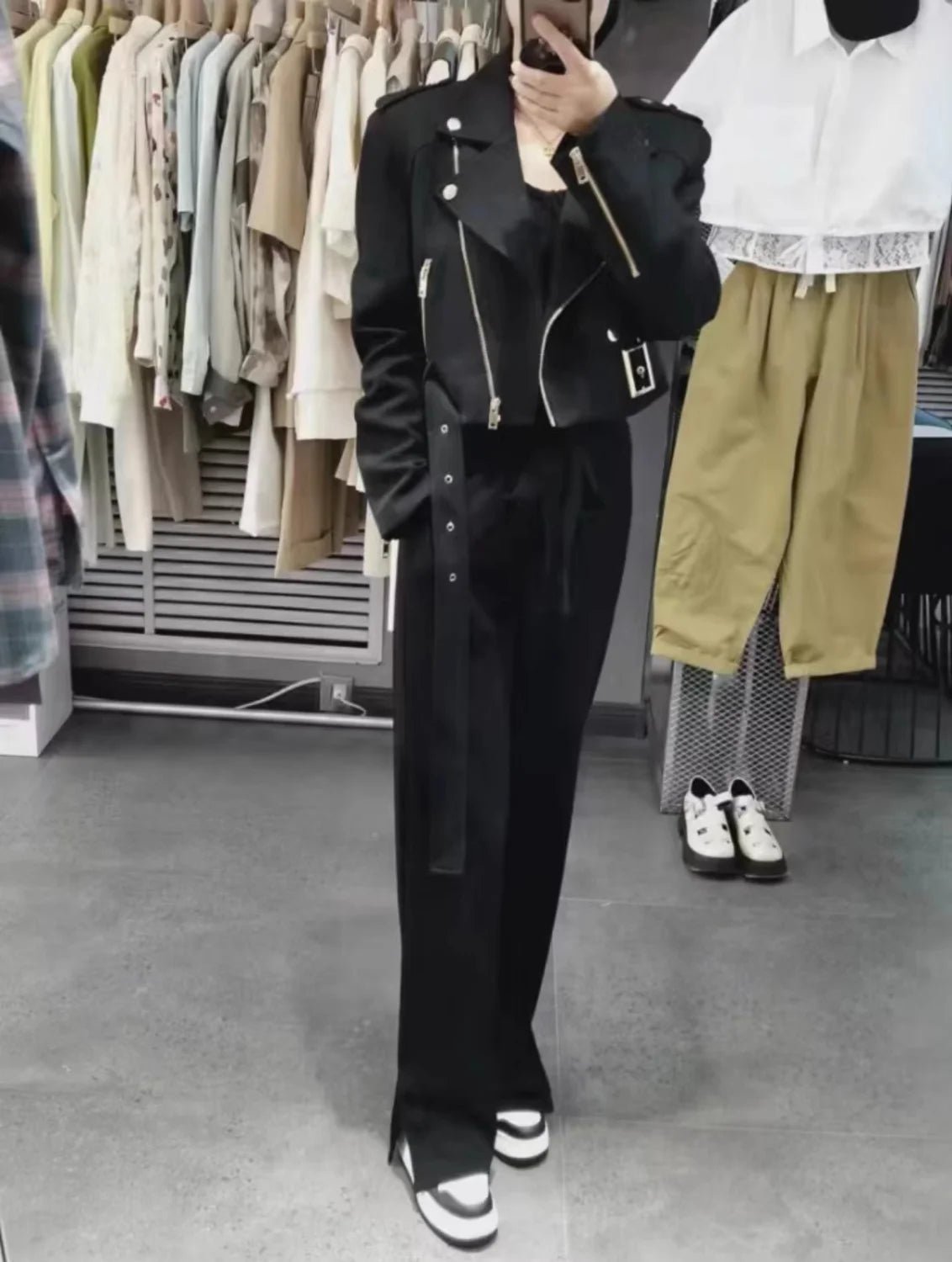 Korean version of the long - sleeved motorcycle jacket jacket women's spring and autumn new fashion temperament Joker suit collar - The Discount Plug