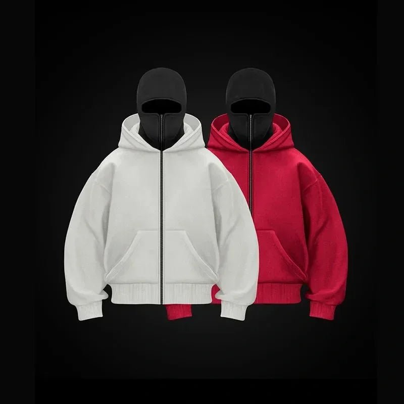 Men and women Balaclava Y2K Gothic Harajuku winter new item double hooded sweatshirt men's hooded mask zipper sportswear - The Discount Plug