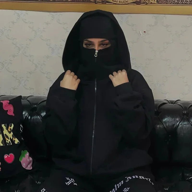 Men and women Balaclava Y2K Gothic Harajuku winter new item double hooded sweatshirt men's hooded mask zipper sportswear - The Discount Plug