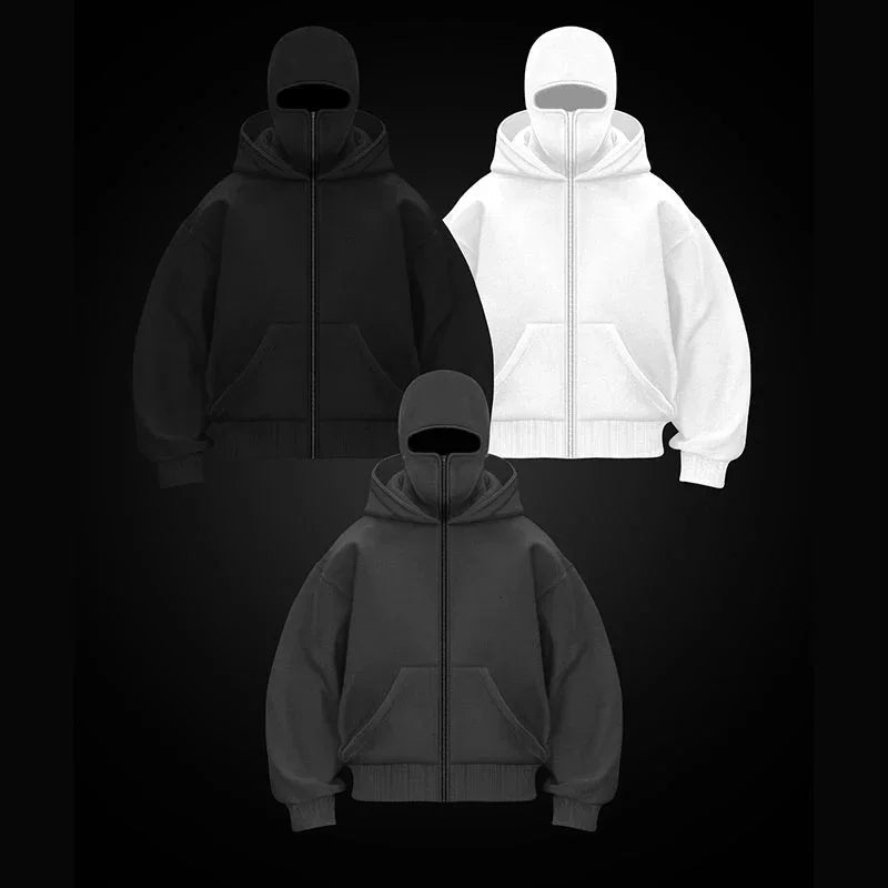 Men and women Balaclava Y2K Gothic Harajuku winter new item double hooded sweatshirt men's hooded mask zipper sportswear - The Discount Plug