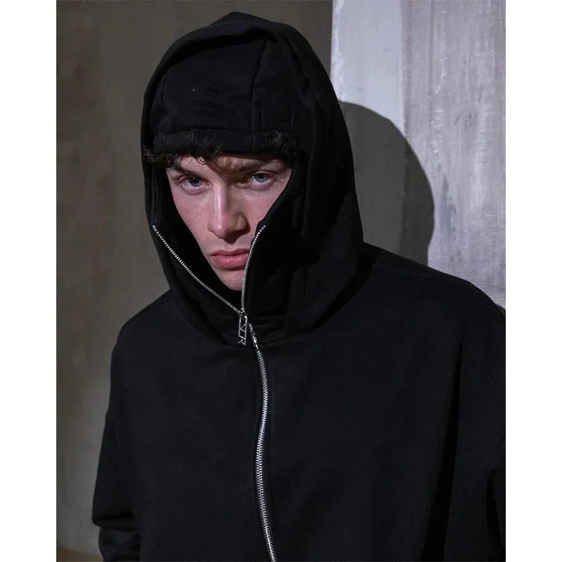 Men and women Balaclava Y2K Gothic Harajuku winter new item double hooded sweatshirt men's hooded mask zipper sportswear - The Discount Plug