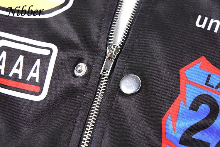 Nibber Hipster Patchwork Jacket Women Y2K Letter Print Hipster Uniform Street Single - Breasted Hipster Autumn Trend Zip Coats - The Discount Plug