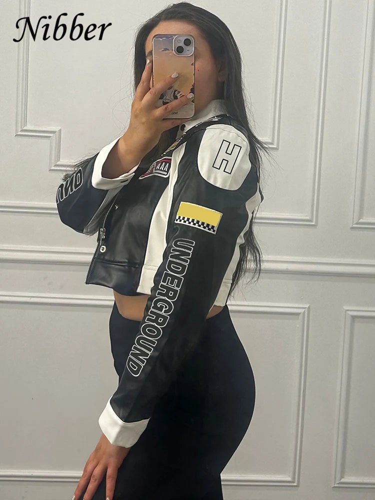 Nibber Hipster Patchwork Jacket Women Y2K Letter Print Hipster Uniform Street Single - Breasted Hipster Autumn Trend Zip Coats - The Discount Plug
