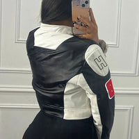 Nibber Hipster Patchwork Jacket Women Y2K Letter Print Hipster Uniform Street Single - Breasted Hipster Autumn Trend Zip Coats - The Discount Plug