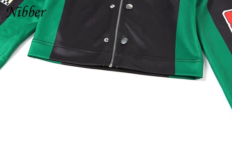 Nibber Hipster Patchwork Jacket Women Y2K Letter Print Hipster Uniform Street Single - Breasted Hipster Autumn Trend Zip Coats - The Discount Plug