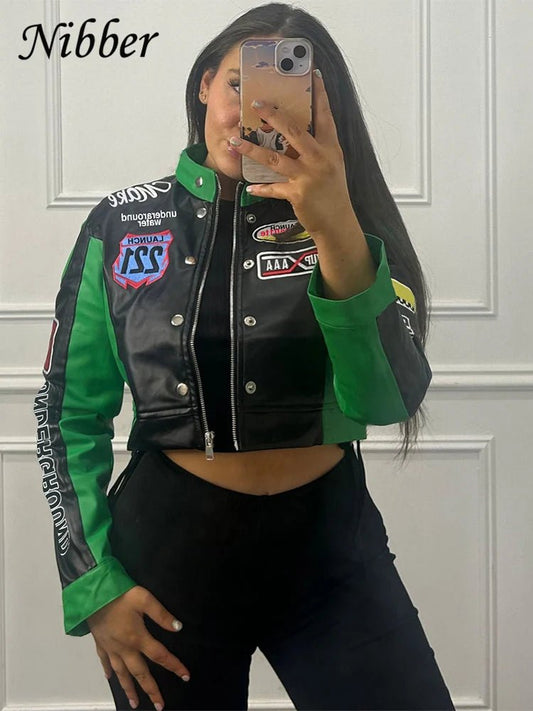 Nibber Hipster Patchwork Jacket Women Y2K Letter Print Hipster Uniform Street Single - Breasted Hipster Autumn Trend Zip Coats - The Discount Plug