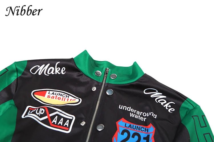Nibber Hipster Patchwork Jacket Women Y2K Letter Print Hipster Uniform Street Single - Breasted Hipster Autumn Trend Zip Coats - The Discount Plug
