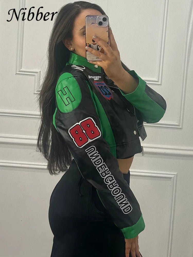 Nibber Hipster Patchwork Jacket Women Y2K Letter Print Hipster Uniform Street Single - Breasted Hipster Autumn Trend Zip Coats - The Discount Plug