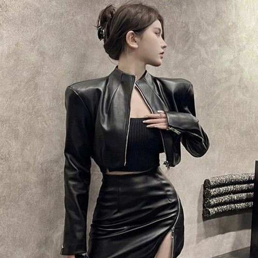 Pu Biker Jacket Women Sexy Cropped Black Harajuku Y2K Outwear High Street Fall Long Sleeve Zipper Female Racing Suit Coat - The Discount Plug