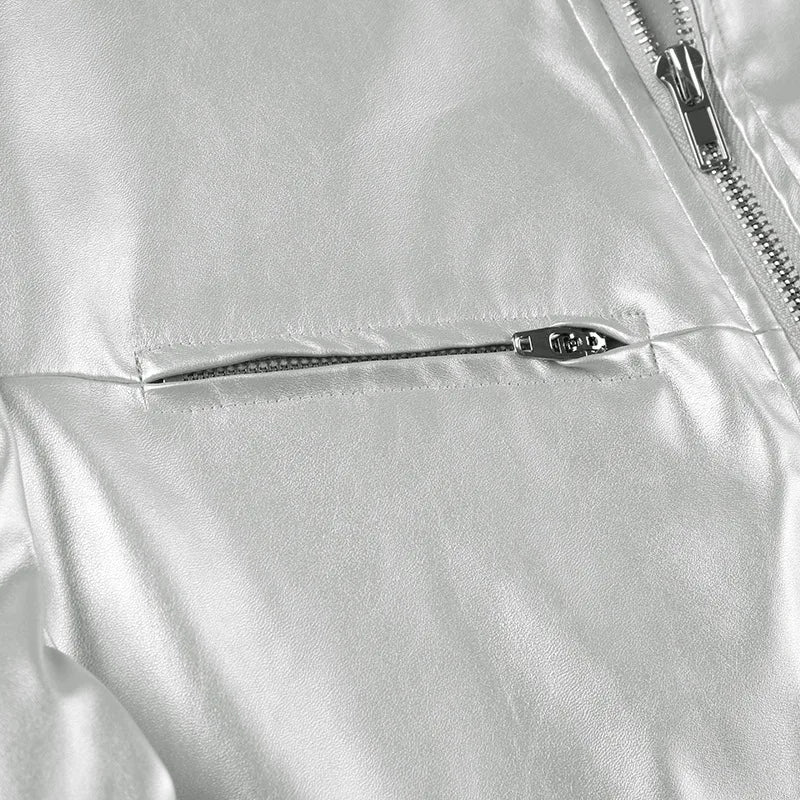 Spicy girl street personality slim fit exposed navel versatile silver stand up collar zipper short jacket - The Discount Plug