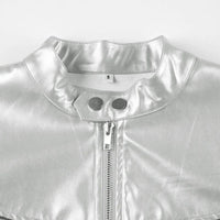 Spicy girl street personality slim fit exposed navel versatile silver stand up collar zipper short jacket - The Discount Plug