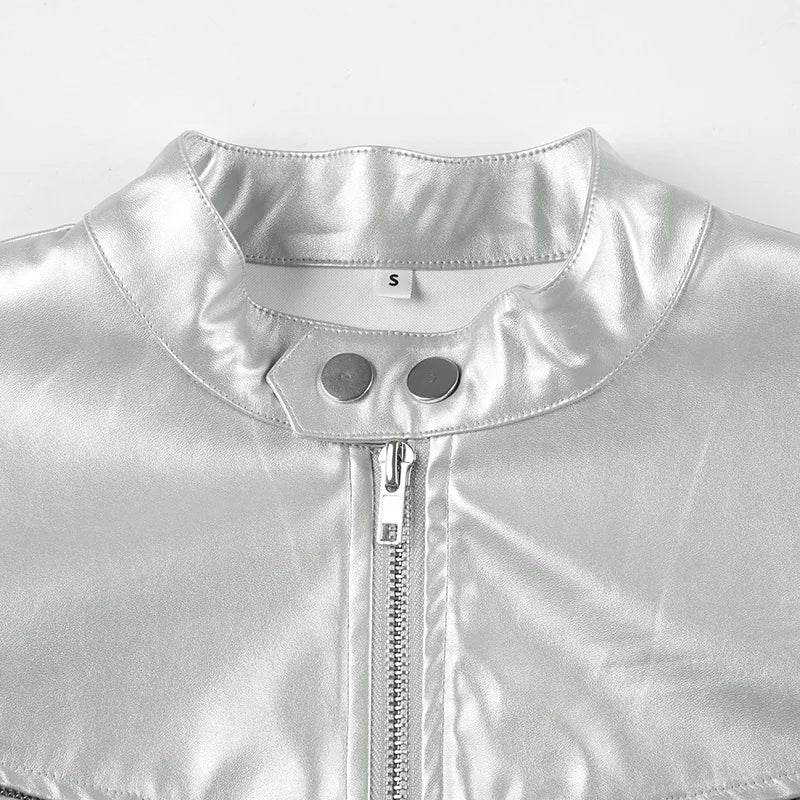 Spicy girl street personality slim fit exposed navel versatile silver stand up collar zipper short jacket - The Discount Plug